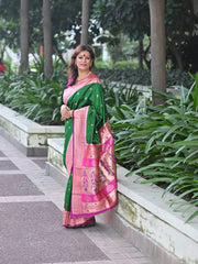 Soft Silk Paithani Saree Bottle Green and Magenta