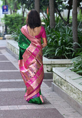 Soft Silk Paithani Saree Bottle Green and Magenta
