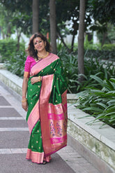 Soft Silk Paithani Saree Bottle Green and Magenta