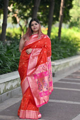 Soft Silk Paithani Saree Orange Magenta