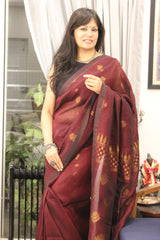 Organic Linen Coffee maroon Nimzari Jamdani saree
