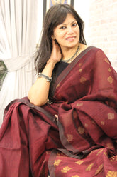 Organic Linen Coffee maroon Nimzari Jamdani saree