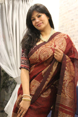Coffee Maroon Linen Alfi Jamdani Saree