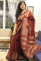 Coffee Maroon Linen Alfi Jamdani Saree