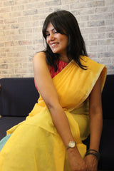 Pure Cotton Plain Half Half Yellow sea green saree