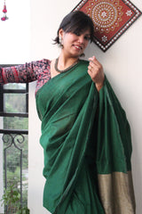 Pure Cotton Plain Half Half Saree Green