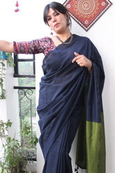 Pure Cotton Plain Half Half Saree Navy Blue