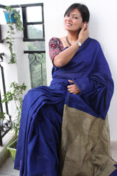 Pure Cotton Plain Half Half Saree Ink Blue