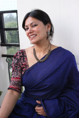 Pure Cotton Plain Half Half Saree Ink Blue