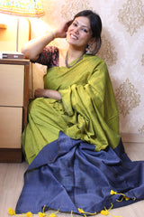 Pure Cotton Plain Half Half Greenish yellow Saree
