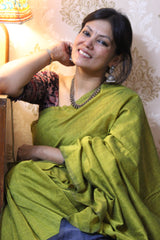 Pure Cotton Plain Half Half Greenish yellow Saree