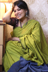 Pure Cotton Plain Half Half Greenish yellow Saree