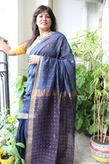 Handwoven Teal Blue Colored Pure Silk Cotton Jamdani sequins resham pallu Saree