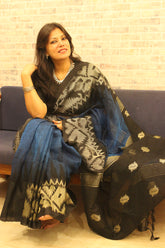Navy Blue and Black Pure Linen Khorod Ikkat Jamdani