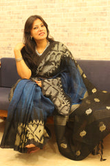 Navy Blue and Black Pure Linen Khorod Ikkat Jamdani