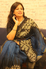 Navy Blue and Black Pure Linen Khorod Ikkat Jamdani