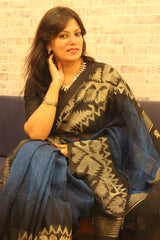 Navy Blue and Black Pure Linen Khorod Ikkat Jamdani