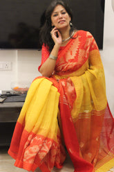 Pure Linen Khorod Jamdani yellow on red
