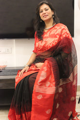 Pure Linen Khorod ikkat Black red Jamndani