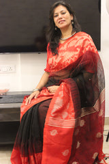 Pure Linen Khorod ikkat Black red Jamndani