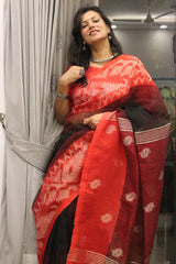 Pure Linen Khorod ikkat Black red Jamndani