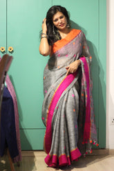 Handwoven Pure Linen Jamdani GJ border Ash saree