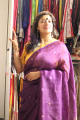 Handwoven Pure Silk Linen Purple Polka Dot Jamdani Saree