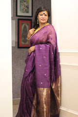 Handwoven Pure Silk Linen Purple Polka Dot Jamdani Saree