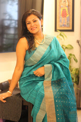 Pure Matka Silk Jamdani Sequins Turquoise blue Saree