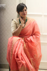 Pure Matka Silk Jamdani Sequins Peach Saree