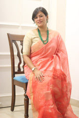 Pure Matka Silk Jamdani Sequins Peach Saree