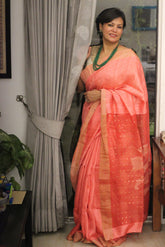 Pure Matka Silk Jamdani Sequins Peach Saree