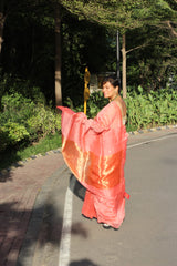 Pure Silk Linen Polka Dot Jamdani Peach Saree