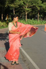 Pure Silk Linen Polka Dot Jamdani Peach Saree