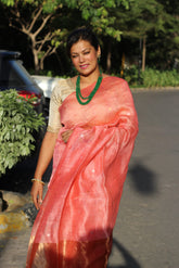 Pure Silk Linen Polka Dot Jamdani Peach Saree