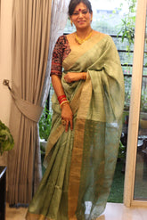 Pure Matka Silk Jamdani Sequins Pista Green Saree