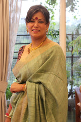 Pure Matka Silk Jamdani Sequins Pista Green Saree
