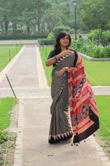 Ajrakh Modal Silk Stripe Saree in Black