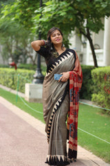 Ajrakh Modal Silk Stripe Saree in Black