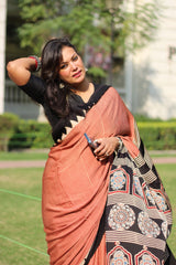 Ajrakh Modal Silk Red and White Stripe Saree