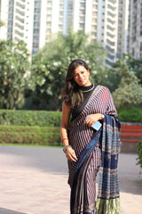 Ajrakh Modal Silk blue stripe saree