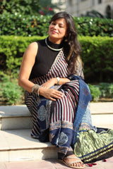 Ajrakh Modal Silk blue stripe saree