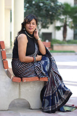 Ajrakh Modal Silk blue stripe saree
