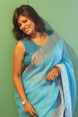 Handwoven Pure Linen Jamdani Pallu saree Sky Blue