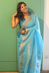 Handwoven Pure Linen Jamdani Pallu saree Sky Blue