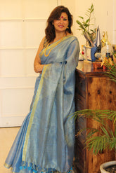 Pure Linen Blue Colored Tissue Saree