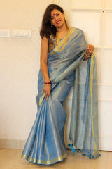 Pure Linen Blue Colored Tissue Saree