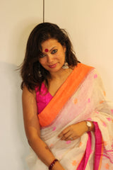 Handwoven Pure Linen White Jamdani Ganga Jamuna Saree