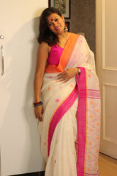 Handwoven Pure Linen White Jamdani Ganga Jamuna Saree