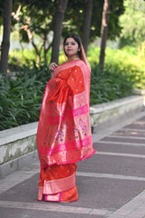 Soft Silk Paithani Saree Orange Magenta